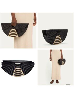 EILAF Large Half Moon Raffia Top Handle Bag Black Woven Straw Clutch Boho Design